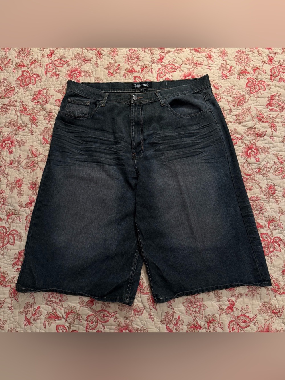Vintage 90s Chams Men's Dark Blue Denim Jean Shorts with Embroidered Back Pocket